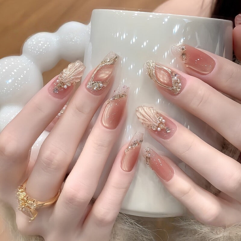 Mermaid Cat-Eye Press-On Nails - Glitter Mid-Length Handmade False Nails (3 Shapes)