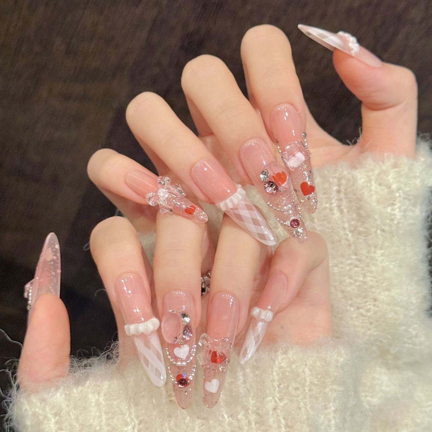 Margaret Creamy Ribbon Bow Press-On Nails | Handmade