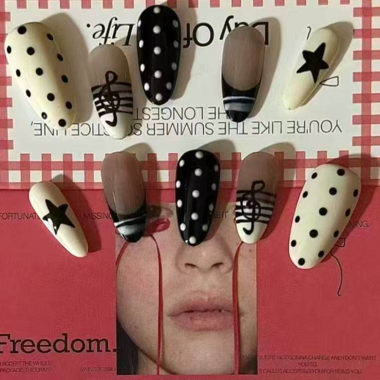 Black White Polka Dot Music Note Press-On Nails - Retro Y2K Mid-Length Oval Fake Nails
