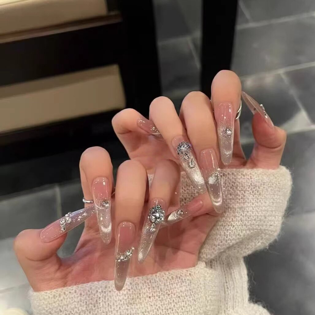 Dusty Rose Cat-Eye French Press-On Nails | Handmade Sparkle Set