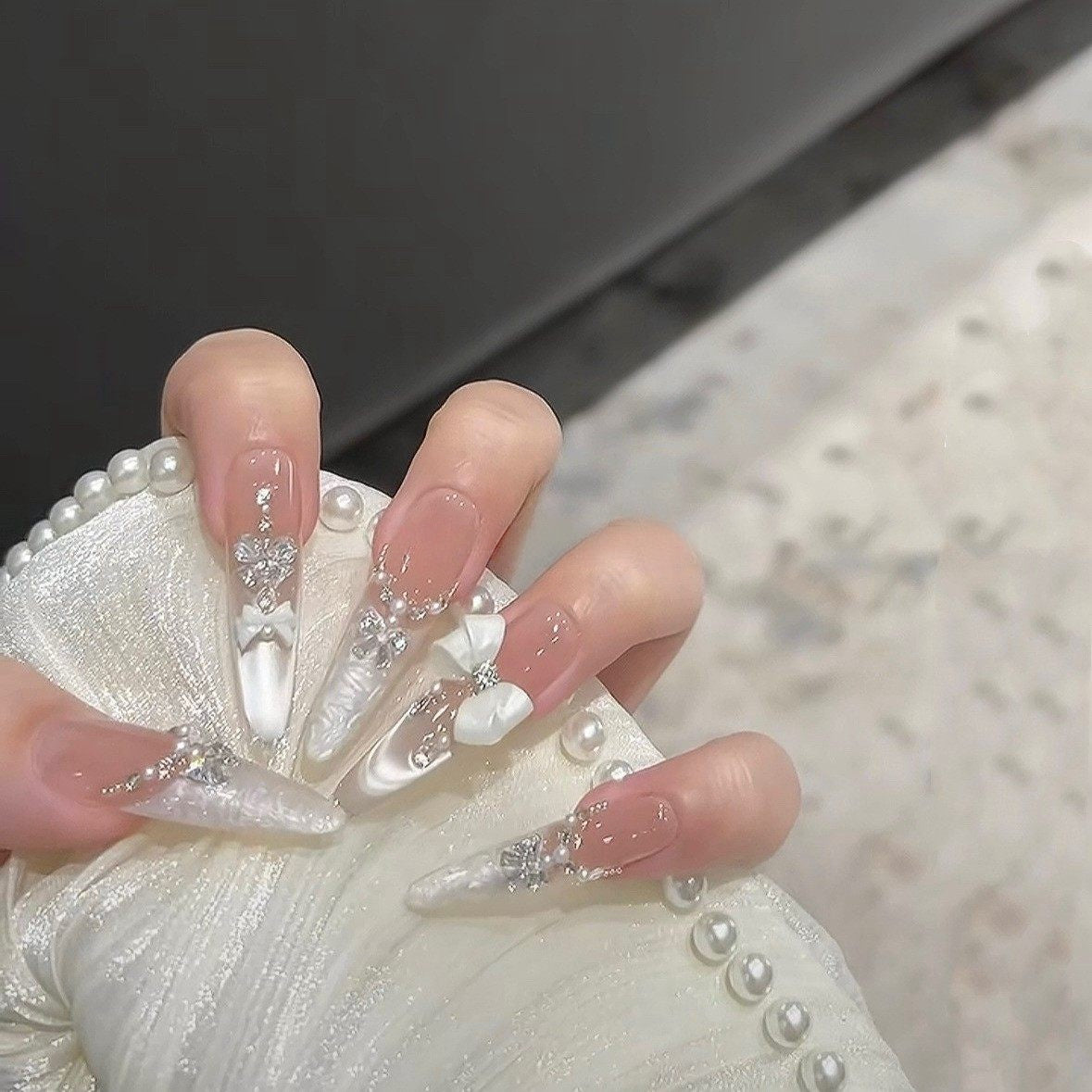 Pink Cat-Eye Bow Press-On Nails - Handmade Winter Luxe False Nails (6 Shapes)