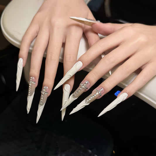 Custom Handmade Extra-Long Stiletto Press-On Nails - Wavy Cross Rhinestone False Nails (5.4cm)