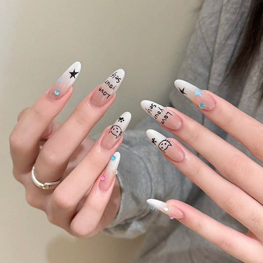 Twinkle Cat Press-On Nails — Milky Ombre Doodle Cat Long Almond Fake Nails