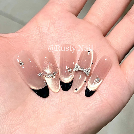Vintage Tweed Polka Dot Cat-Eye Press-On Nails with Black Bow
