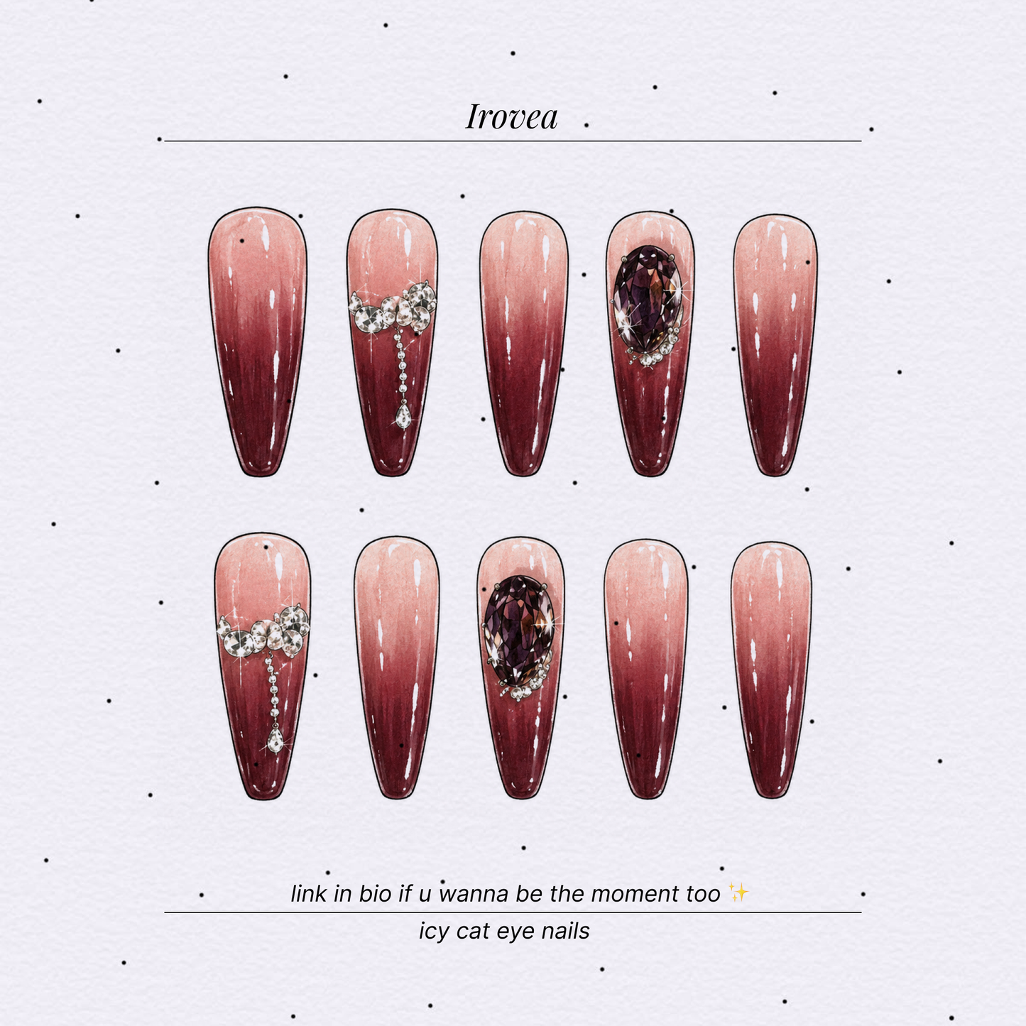Athena Burgundy Ombré Crystal Press-On Nails — Extra-Long Stiletto & Coffin