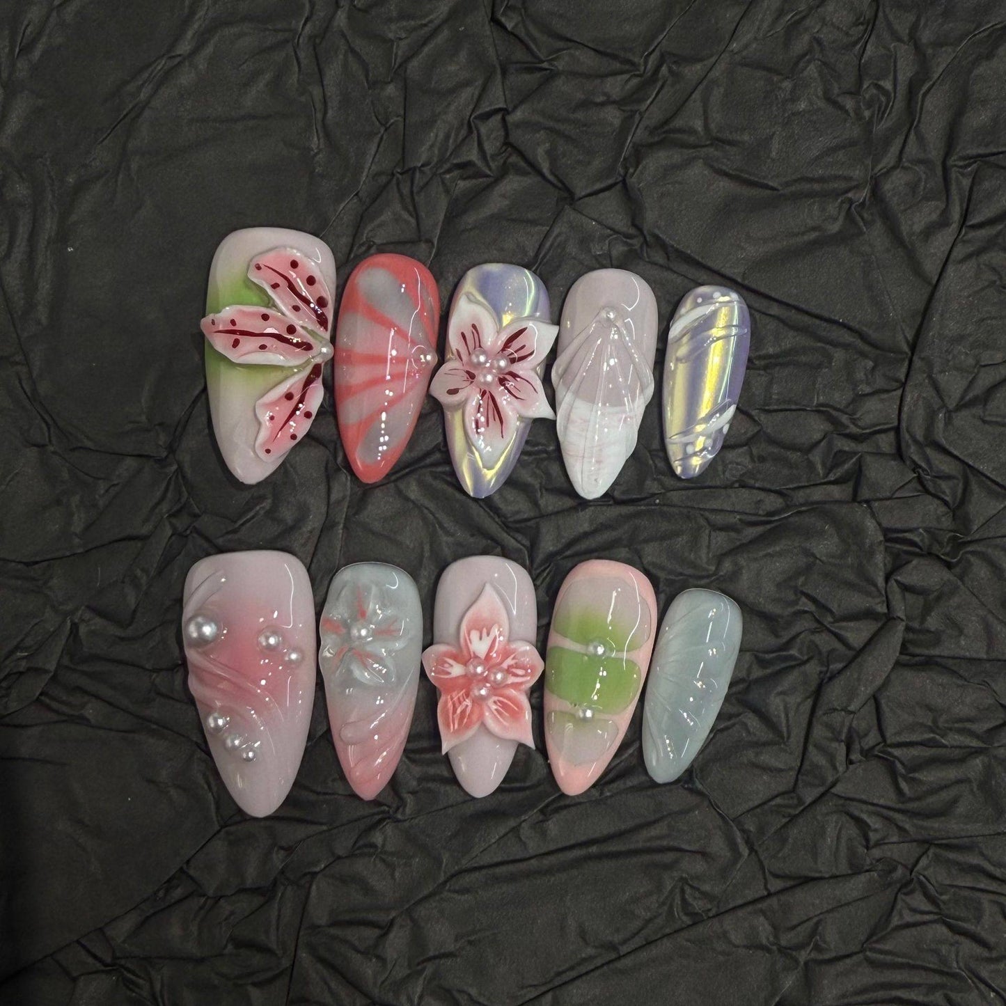 Carved 3D Floral Press-On Nails — Sweet-Edgy Pastel Aurora Reusable Set