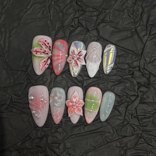 Carved 3D Floral Press-On Nails — Sweet-Edgy Pastel Aurora Reusable Set