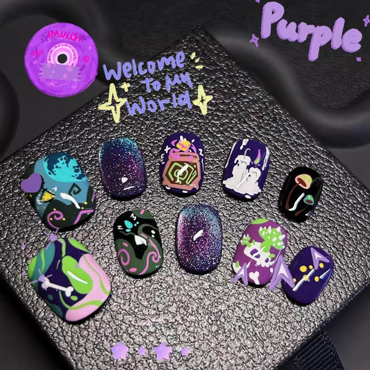 Purple Green Magic Forest Press-On Nails - Dark Doodle Short Round False Nails