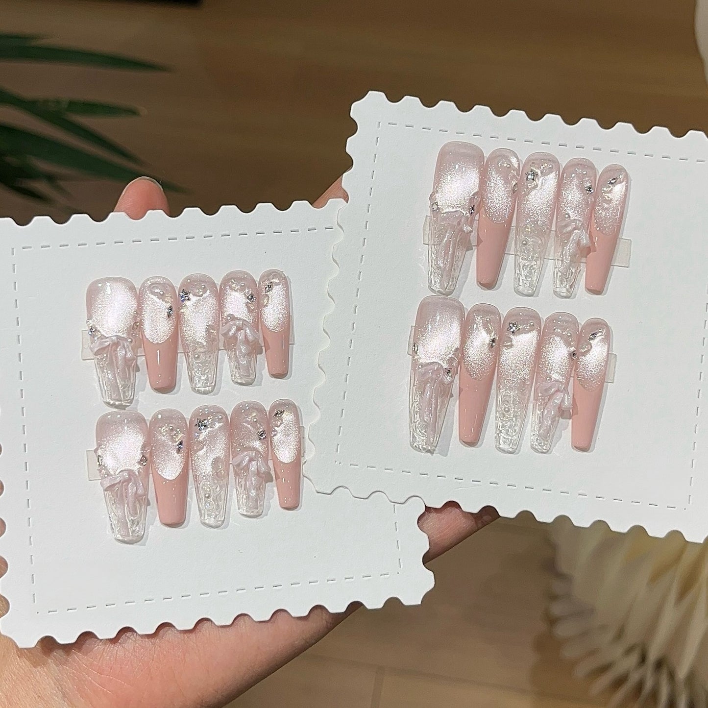 Silky Satin | Pink Cat-Eye Press-On Nails with Bow