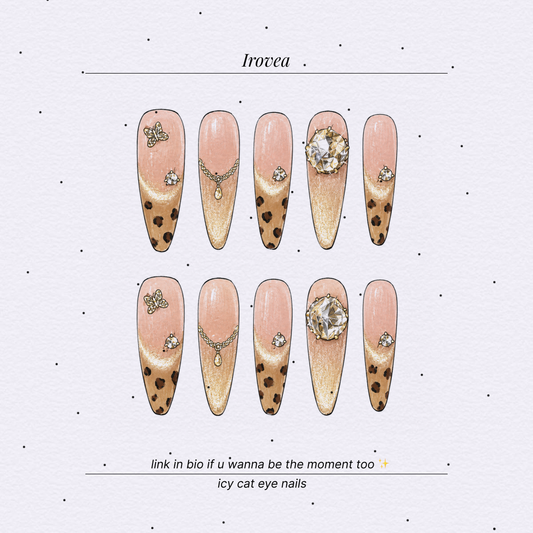 Caramel Safari Leopard Cat-Eye Crystal Press-On Nails — Champagne Glam