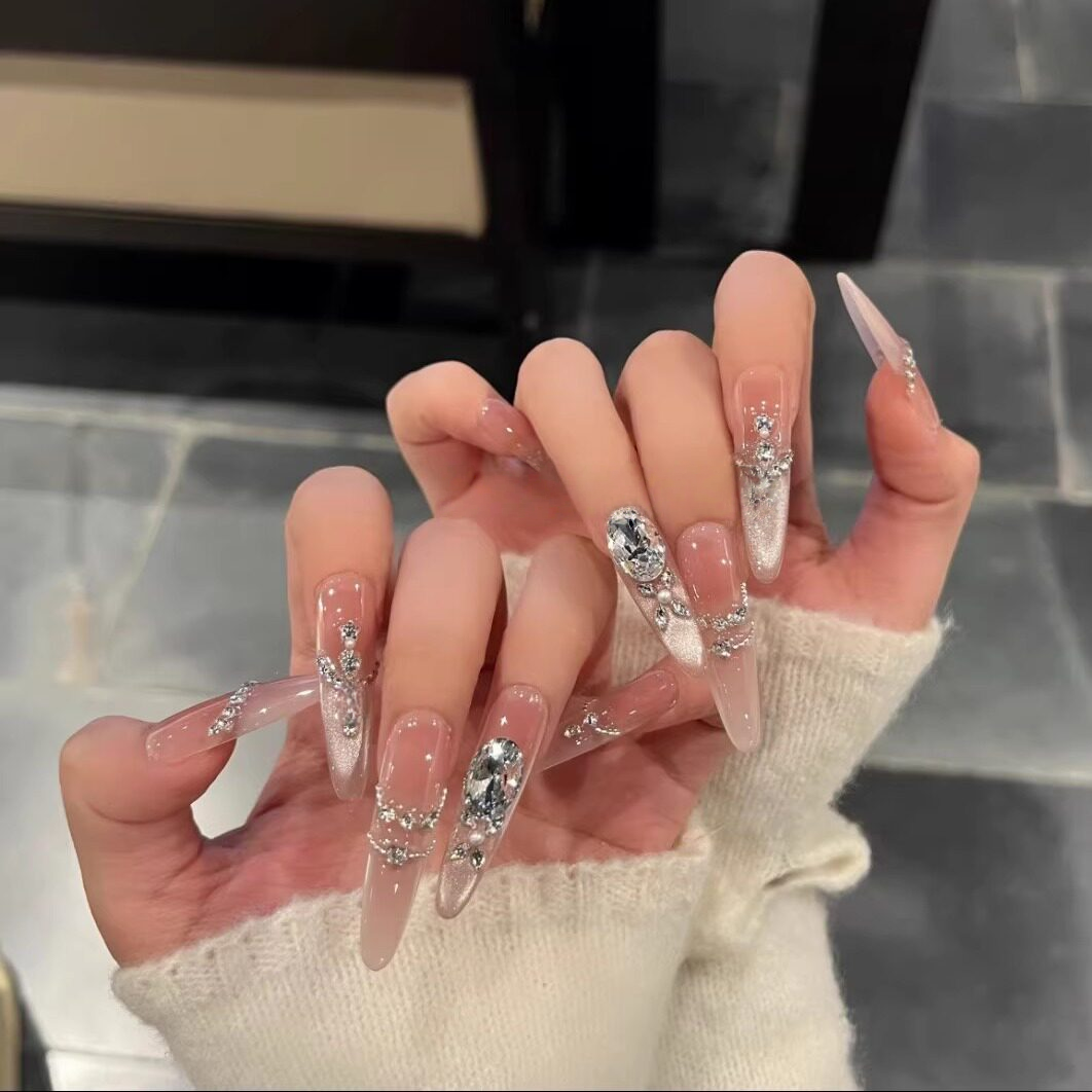 Milky Peach Blush | Crystal Press-On Nails