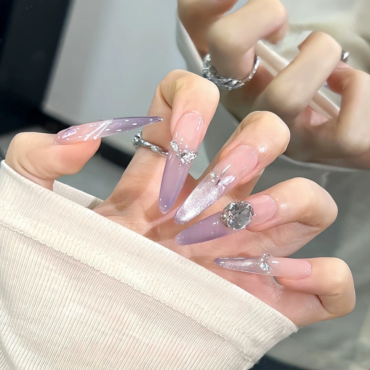 Lavender Cat-Eye Butterfly French Press-On Nails