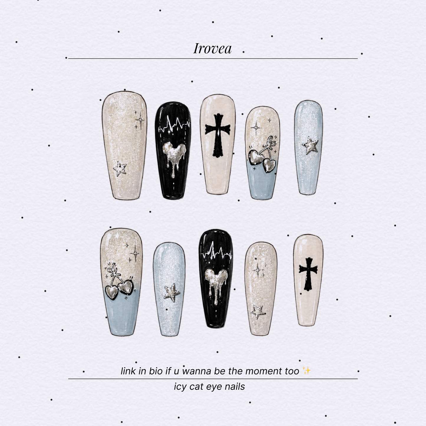 Mint Whisper Y2K Gothic Cat-Eye Press-On Nails — Silver Hearts & Crosses