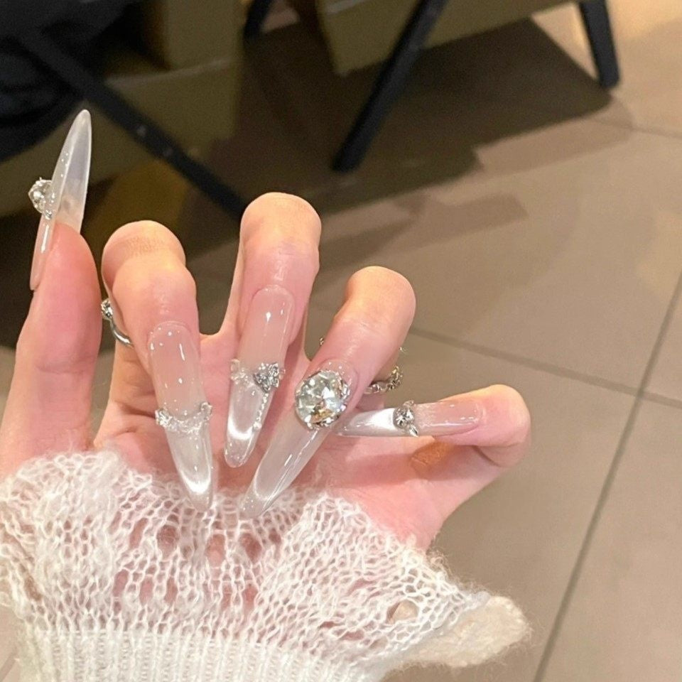 Snowmelt Silver Cat-Eye Crystal Press-On Nails — Icy French