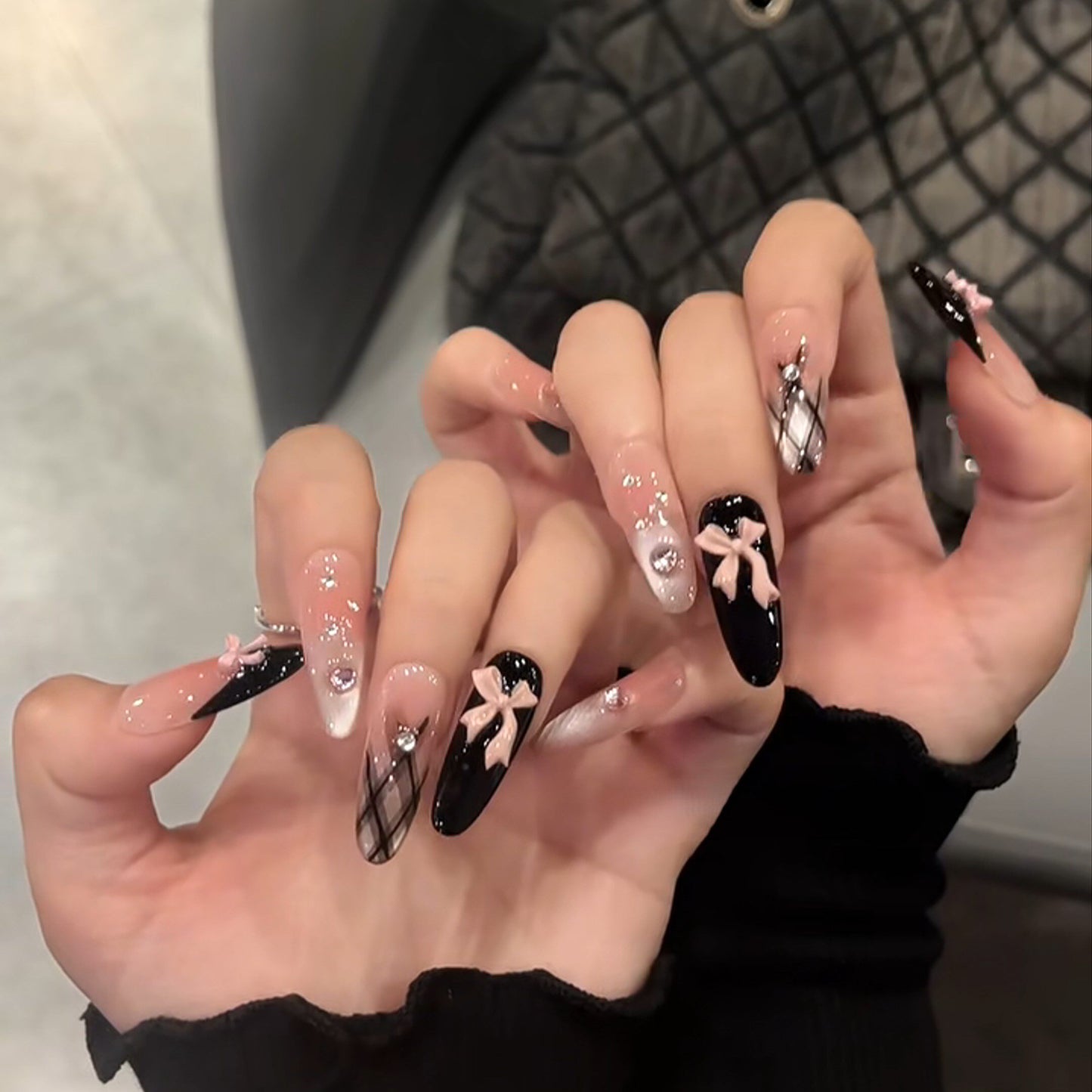 Black French Bow Cat-Eye Press-On Nails - Rhinestone Coquette Handmade