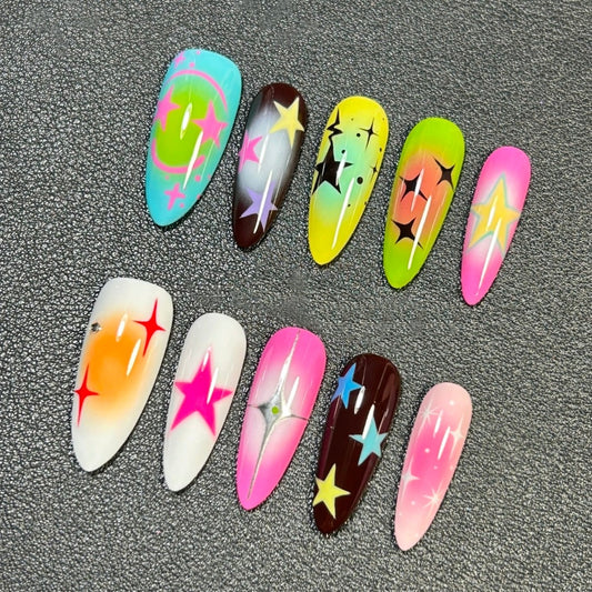Dopamine Star Ombre Press-On Nails - Colorful Y2K Long Almond Fake Nails