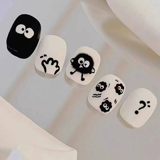 Cute Matte Fuzzy Black Cartoon Press-On Nails - Short Squoval False Nails