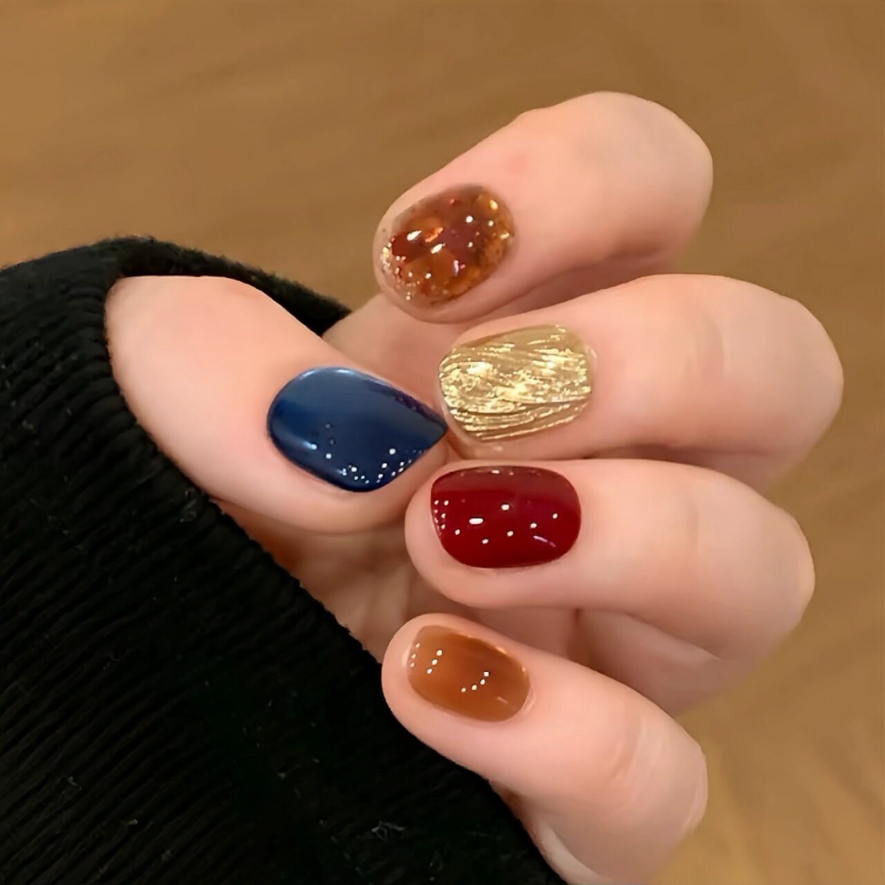 Red Blue Cat-Eye Chrome Press-On Nails - Short Color-Block Party False Nails