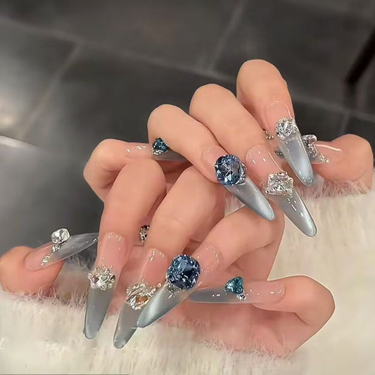 Blue Rhinestone Press-On Nails — Luxury Long Almond Fake Nails (SG861)