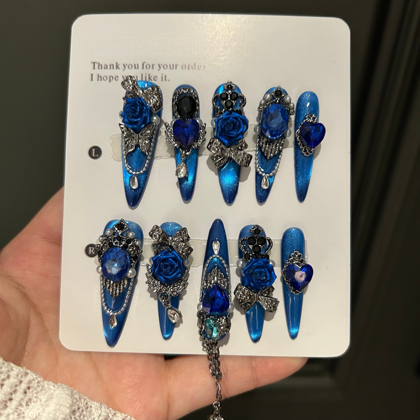 Deep Space Blue Cat-Eye Press-On Nails — Handmade Luxury Long Stiletto Fake Nails (Reusable)