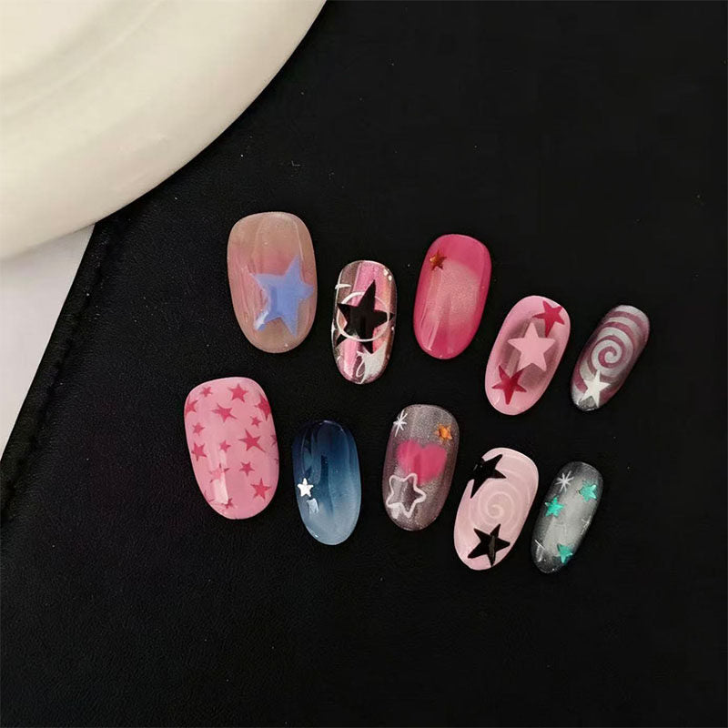 Pink Blue Star Swirl Press-On Nails - Dreamy Grunge Short Oval Fake Nails