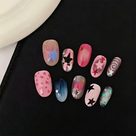 Pink Blue Star Swirl Press-On Nails - Dreamy Grunge Short Oval Fake Nails