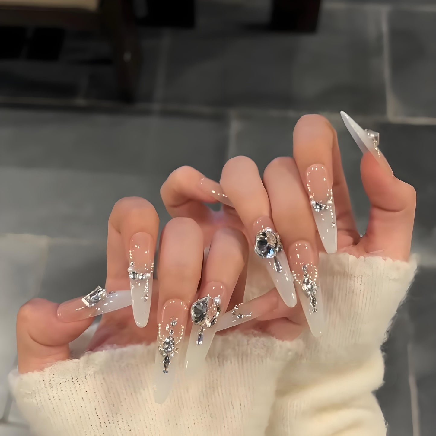 Icy Moonstone | White & Pink Press-On Nails