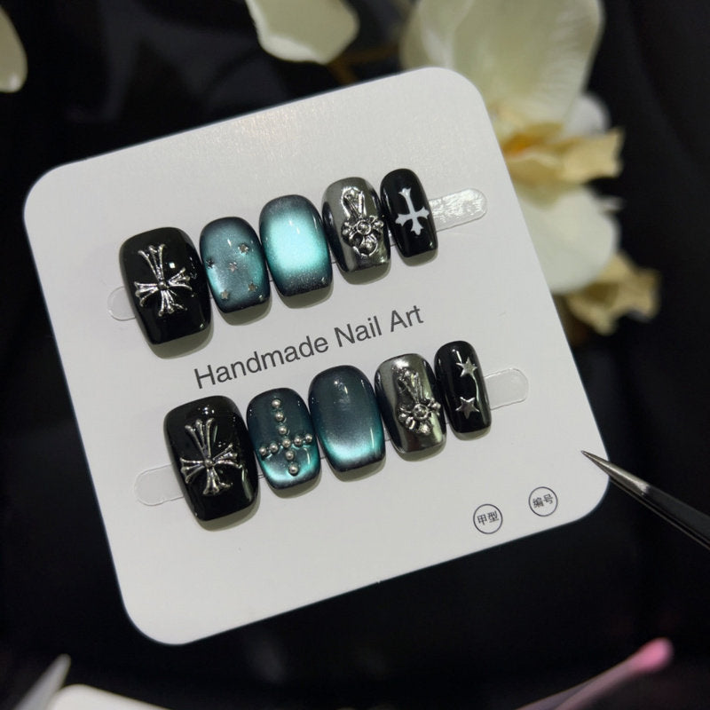 Midnight Blue Gothic Cross Cat-Eye Press-On Nails - New Short Square False Nails