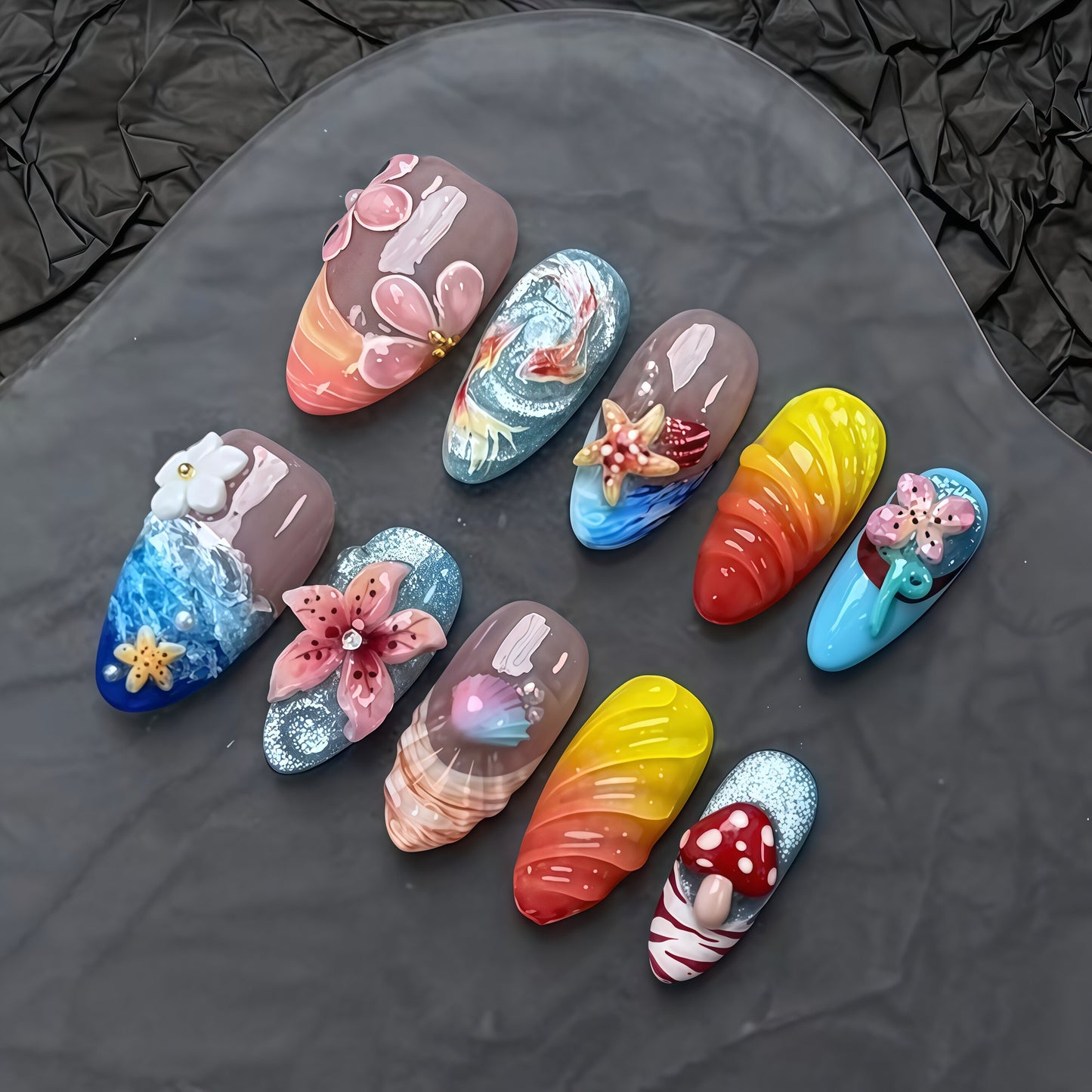 3D Ocean Koi Press-On Nails - Shell Starfish Mermaid Summer False Nails