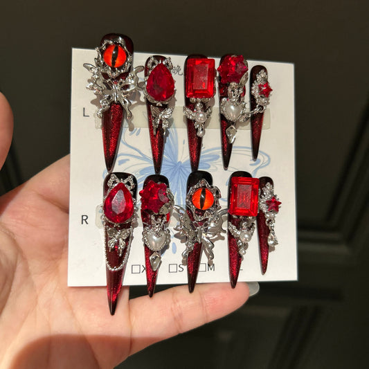 Hell's Eye Rhinestone Press-On Nails - Handmade Extra-Long Stiletto Glam Nails