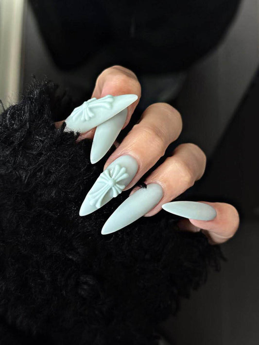 Icy Blue Cross Charm Press-On Nails - Matte or Glossy Gothic Stiletto & Almond Fake Nails