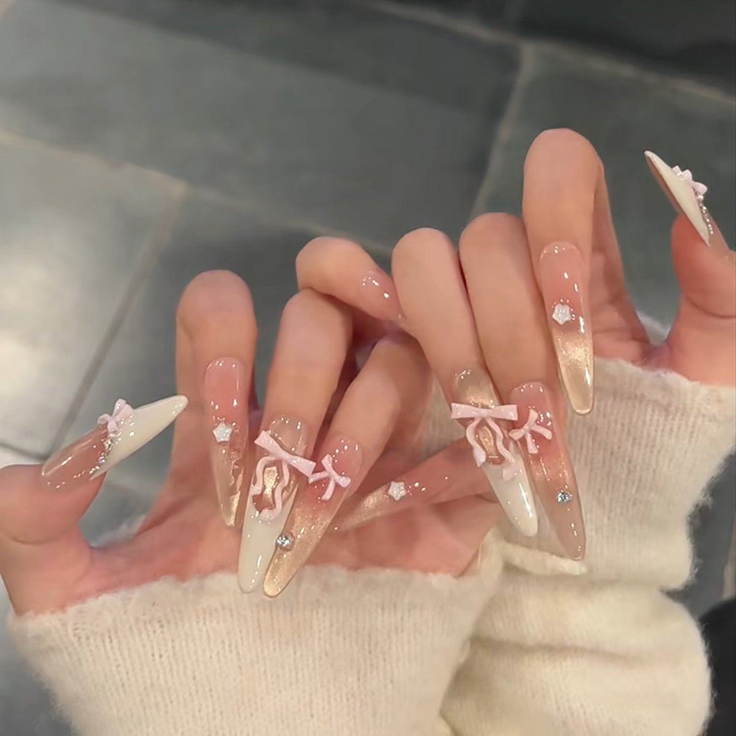 Dreamy Pink Ombre Cat-Eye Press-On Nails with Bow Charm