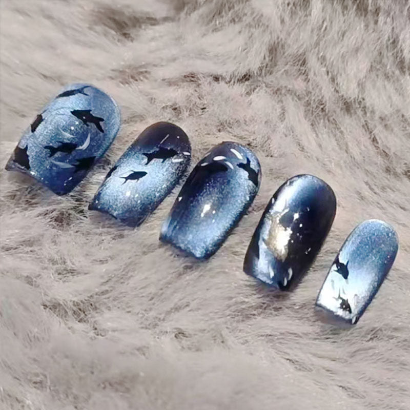 Deep Sea Blue Silver Ombre Press-On Nails — Cool Ocean Squoval Reusable Set