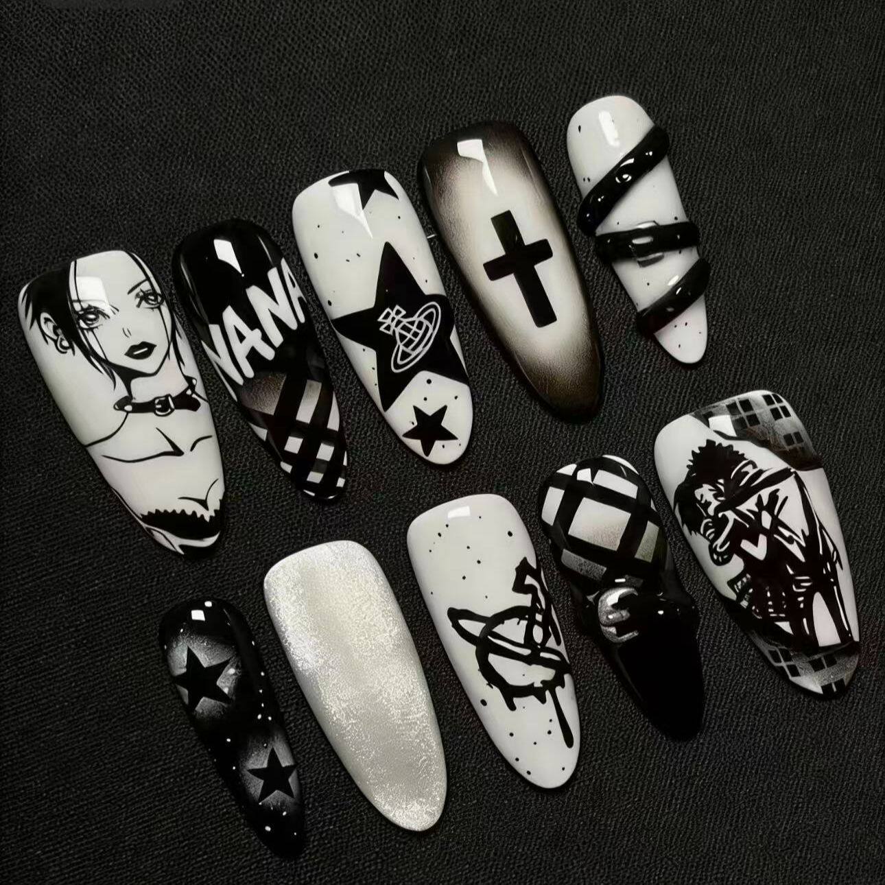 Gothic Punk Cross Star Press-On Nails - Medium Long Oval Handmade Fake Nails