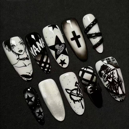 Gothic Punk Cross Star Press-On Nails - Medium Long Oval Handmade Fake Nails
