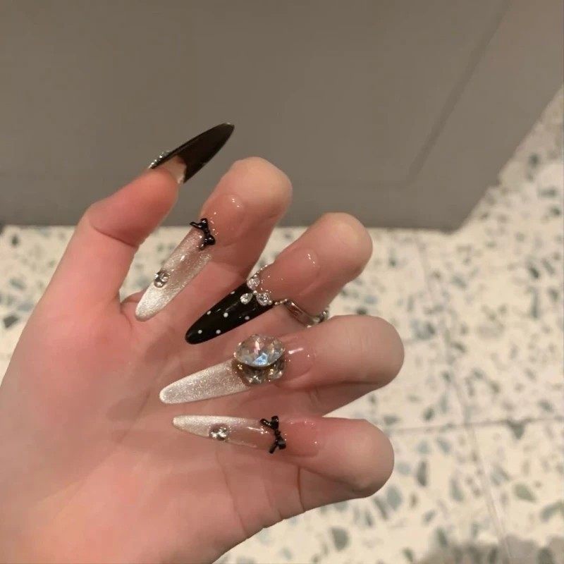 Handmade French Polka-Dot Bow Press-On Nails - Glitter Cat-Eye Rhinestone Long Stiletto