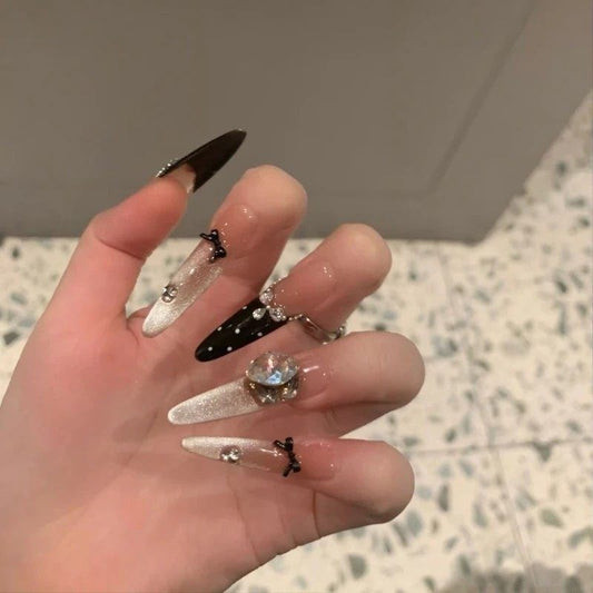 Handmade French Polka-Dot Bow Press-On Nails - Glitter Cat-Eye Rhinestone Long Stiletto