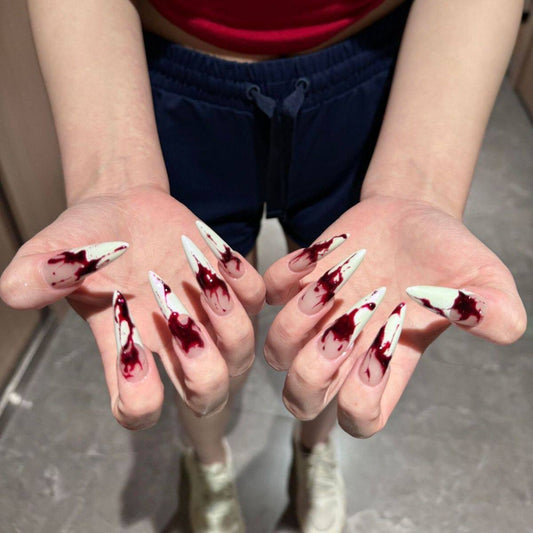 Blood Splatter Press-On Nails - Halloween Horror Long Stiletto Fake Nails