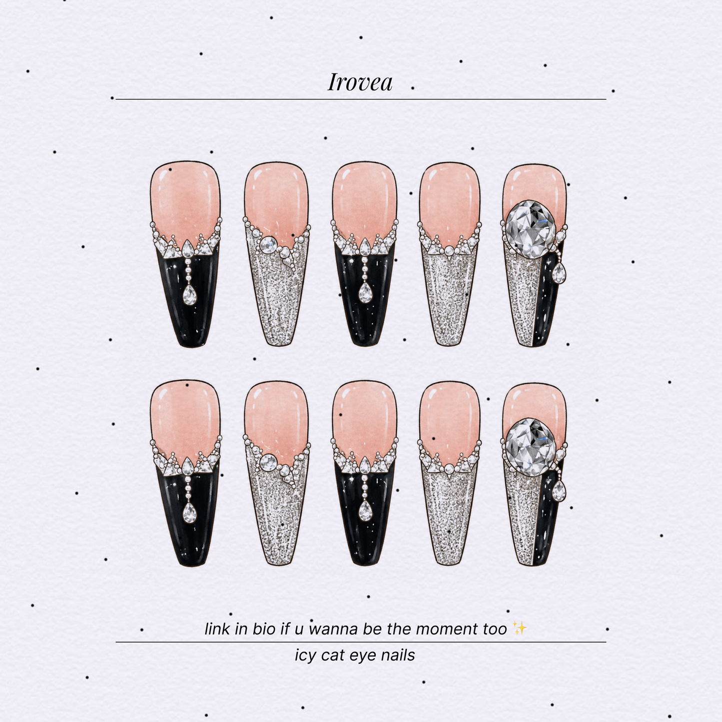Midnight Eclipse Black French Cat-Eye Crystal Press-On Nails — Silver Sparkle