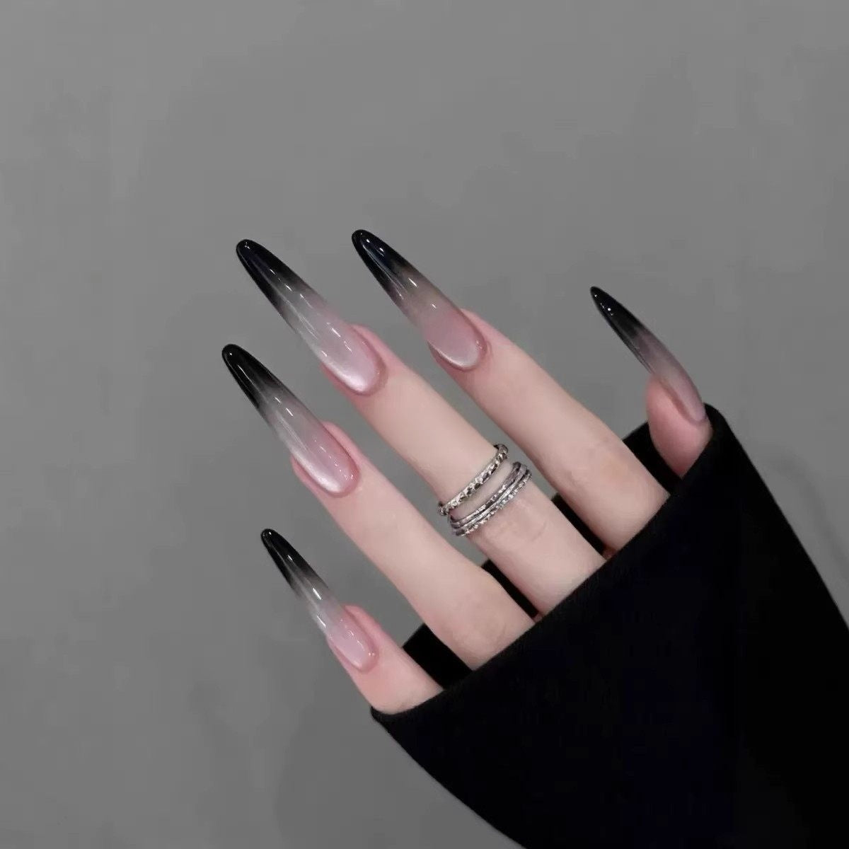 Midnight Siam Smoky Black Cat-Eye Press-On Nails — Glass-Like Ombré