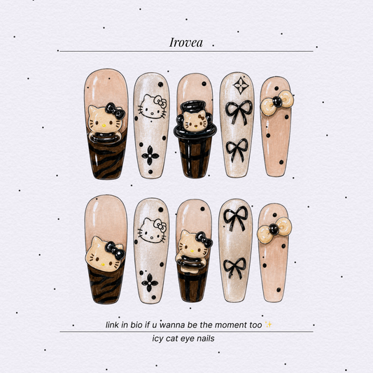 Caramel Kitty Mocha Cat-Eye Press-On Nails — 3D Bows