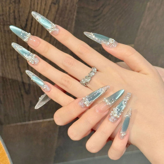 Baroque Blue Cat-Eye Press-On Nails - Elegant Handmade False Nails (24 Designs)