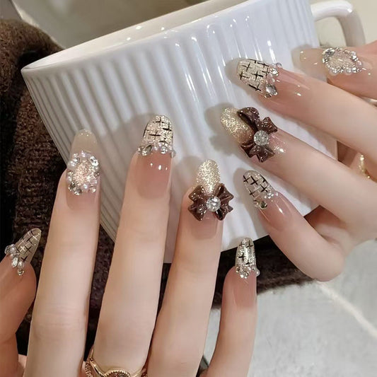 Chic Short Cat-Eye Bow Rhinestone Press-On Nails - 30-Piece Glue-On Set