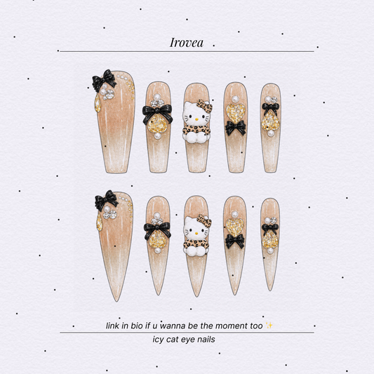Champagne Whiskers Cat-Eye Press-On Nails — Black Bows & Cat Charm