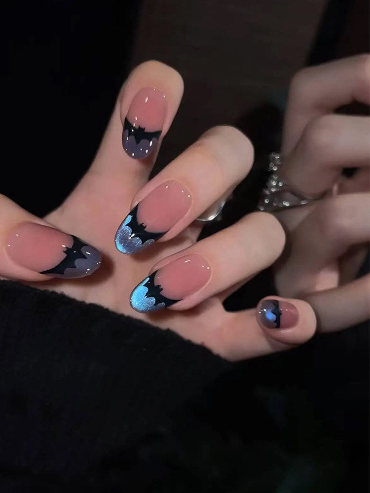 Glow-in-the-Dark Halloween Bat Press-On Nails - Blue Cat-Eye Handmade False Nails