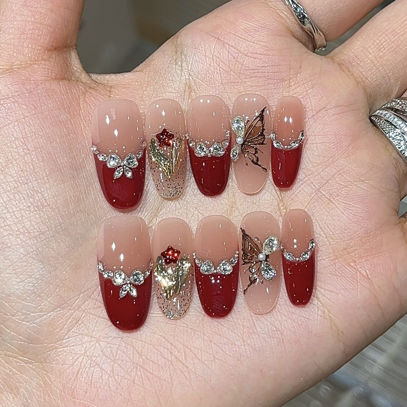 Dark Red Butterfly | Red French Rhinestone Press-On Nails
