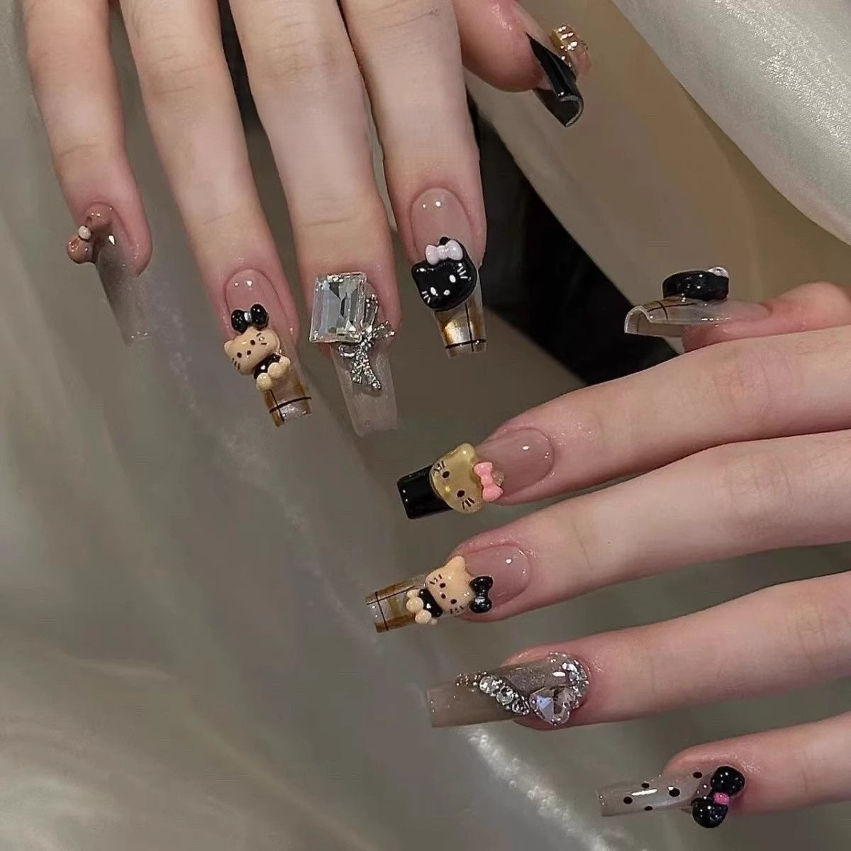Black & Brown Plaid Cat-Eye Press-On Nails