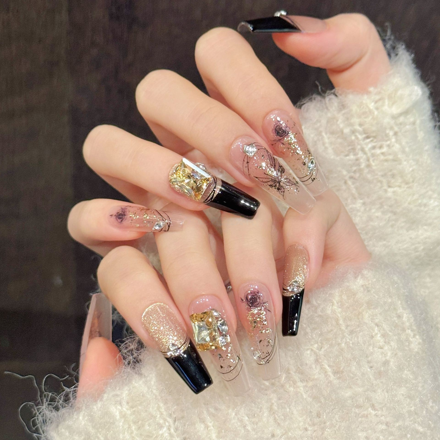 Amber Gilded | Black French Cat-Eye Press-On Nails