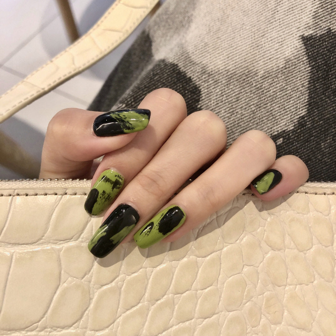 Black Green Graffiti Press-On Nails — Long Edgy Y2K Neon Statement Set