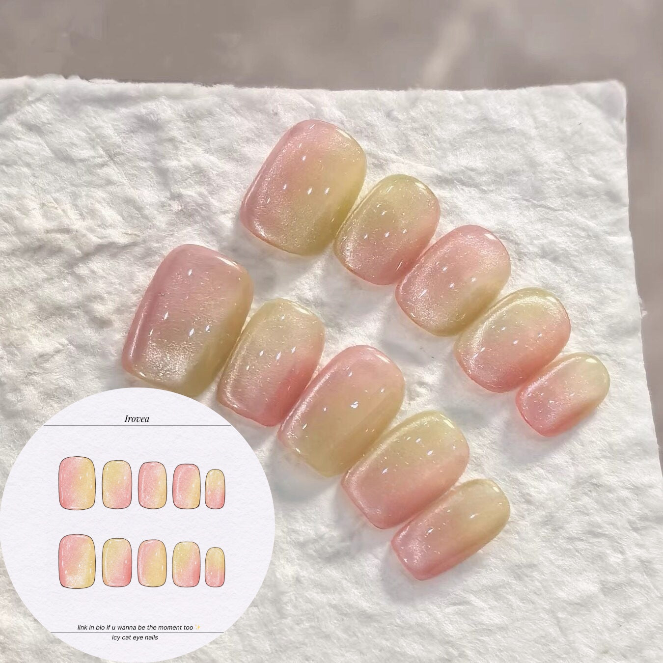 Summer Sorbet Pink Yellow Cat-Eye Press-On Nails — Jelly Ombre Short Nails (4 Shapes)